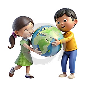 3D cartoon boy and girl standing and holding a globe