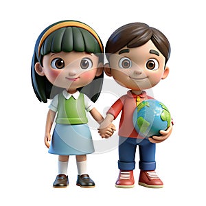 3D cartoon boy and girl standing and holding a globe