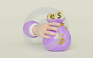 3d cartoon businessman hands holding money bag with coin dollar isolated. quick credit approval or loan approval concept, 3d