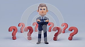 3d cartoon businessman surrounded by red question marks symbolizing confusion, doubt, decision-making challenges, problem solving