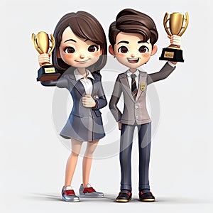 3D cartoon character cute smile young Businessman and Businesswoman Winners celebration holding trophy awards