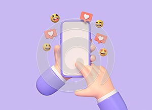 3d cartoon character hand holding a mobile phone. heart notification icons on speech bubble. the concept of communication in