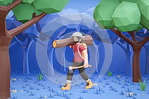 3D cartoon character Man lumberjack carrying lumber in the forest, man cutting tree, survivalist photo