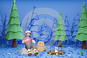 3D cartoon character Man survivalist in a campfire in the forest, survivalist, bonfire photo