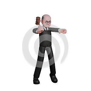 A judge stands with his right hand holding a judge\'s gavel and his left hand pointing forward photo