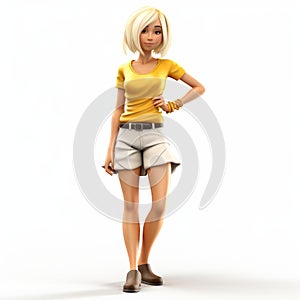 3d Cartoon Girl With Short Grey Shorts And Yellow Shirt