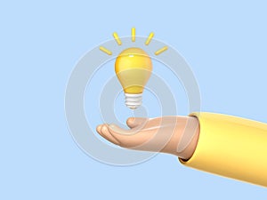 3D cartoon hand holding a light bulb isolated on blue background. Thinking, good idea and business success creative concept.