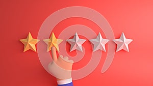 3d cartoon hand pointing, finger pointing to five star rating. Increase rating evaluation and classification concept