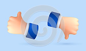 3D cartoon hand with thumb up and down gesture. Vote or rating signs concept. Vector 3d illustration