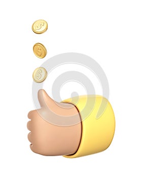 3D cartoon hand tossing a gold coin. Decision making by chance. Concept of excitement, luck, fortune. Vector 3d illustration