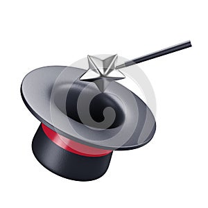 A 3D cartoon icon or emblem of a magic hat with magic wand
