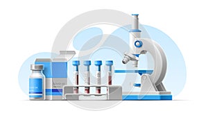 3d cartoon illustration with microscope, blood test tubes with rack, coronavirus vaccine bottle pack. Isolated realistic
