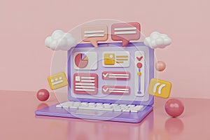 3D Cartoon Laptop with UI Elements and Chat Bubbles