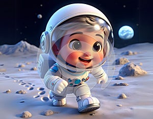 3D Cartoon of a Little Astronaut Exploring the Moon photo