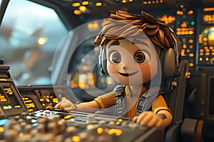 3D cartoon pilot in a cockpit, ready for takeoff