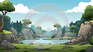 2d Cartoon Prehistory Game Asset: Serene Bay With Trees And Stones