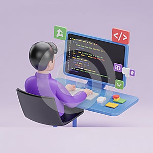 3d cartoon programmer working on laptop coding software development and technology concepts, AI Generated