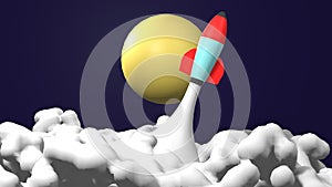 3D cartoon rocket launch illustration with yellow moon background