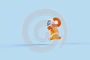 3D cartoon spaceboy running with a question mark on his shoulder. Quiz or Fast response support concept. photo