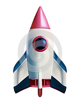 3d cartoon style minimal spaceship rocket icon white background . Toy rocket upswing , for start up business and advertise. photo