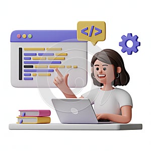 3D Cartoon Woman Coding and Learning