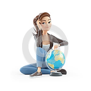 3d cartoon woman sitting on floor with terrestrial globe photo