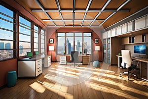 2d cartoonic style office or work place with designers working things.Ai generated photo