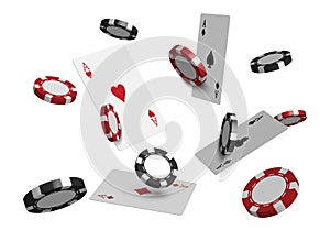 3D casino poker cards and playing chips isolated on white background, vector