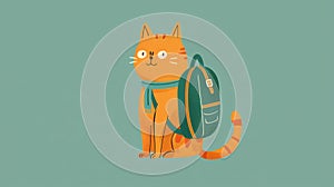 2d cat doodle illustration. For back to school stories. Kitten with a backpack photo