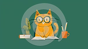 2d cat doodle illustration. For back to school stories. Kitten in glasses with book photo