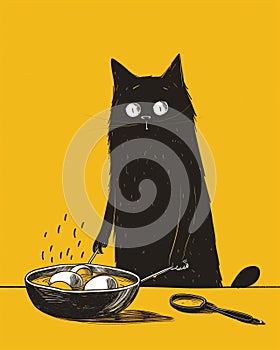 2d cat frying eggs. Flat doodle. Learning to cook. Vertical illustration. Black and yellow photo