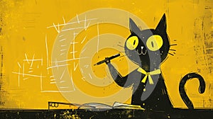 2d cat professor teaching in the feline university. Holding a pen in paws. Black and yellow flat doodle illustration photo