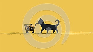 2d cat pushing a shopping cart. Doodle illustration. Black and yellow photo