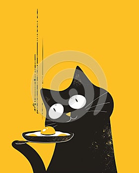 2d cat tasting fried eggs. Flat doodle. Sunny side up. Vertical illustration. Black and yellow photo