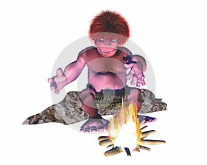 3d caveman discovering fire with white background