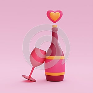 3d Champagne bottle and glasses with heart-shape balloons isolated. Element decor for Valentine's Day or birthday. 3d