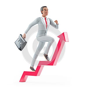 3d character businessman with briefcase running on growing arrow