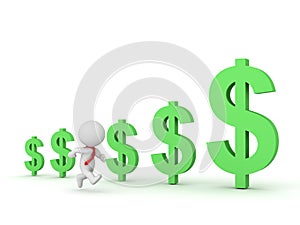 3D Character Businessman Running and Dollar Symbols