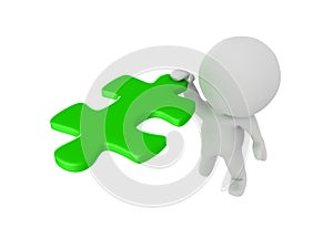 3D Character clinging onto flying green puzzle piece