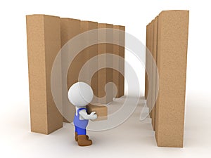 3D Character dressed as blue collar worker carrying box in a wharehouse photo