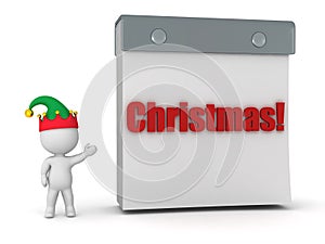 3D Character with Elf Hat Showing Tare Off Calendar with Christmas Text photo