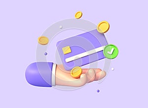 3d character hand, credit card, falling gold coins and green tick illustration in cartoon style. the concept of cashless or
