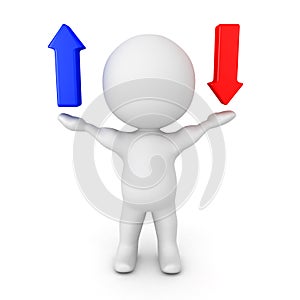 3D Character holding blue up arrow and red down arrow