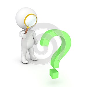 3D Character holding a magnifying glass and inspecting a question mark photo