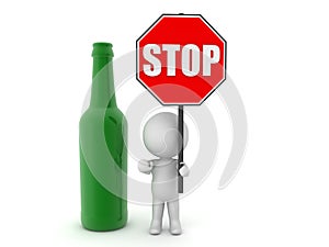 3D Character holding red stop sign next to beer bottle photo