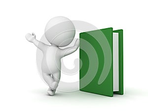 3D Character leaning on big green book