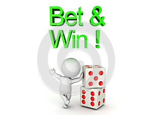 3D Character leaning on a pair of dice with Bet and win text above him