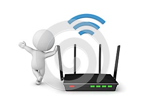 3D Character leaning on router with wifi signal