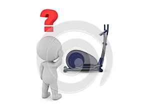 3D Character looking curious at eliptical bycicle photo