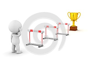 3D Character Looking at Obstacles and Trophy photo